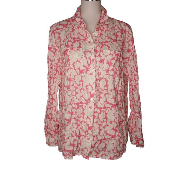 Charter Club 100% Linen Button Up Shirt Coral Pink Floral White Long Sleeve L - Picture 1 of 10